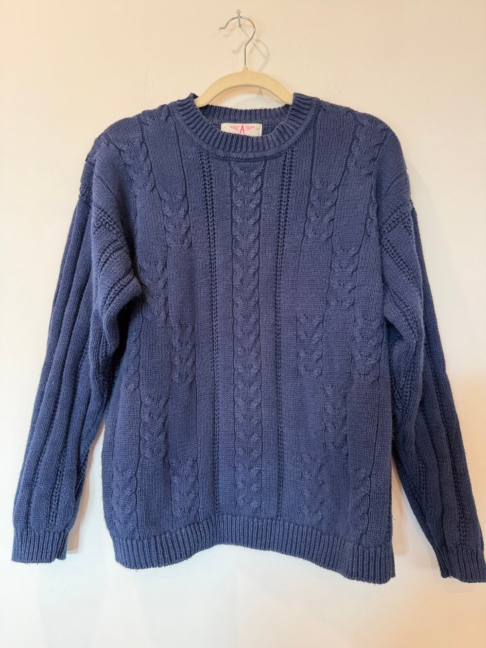 Vtg 90s Fisherman Cableknit Sweater Ramie Cotton Blend Mens L Navy Preppy